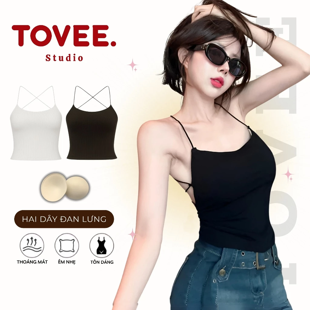 Áo Croptop HAI DÂY ĐAN DÂY LƯNG CÓ MÚT NGỰC Chất Gân CR20, Áo Kiểu Yếm Hở Lưng Nữ Ôm Body Kiểu Sexy Tôn Dáng TOVEE