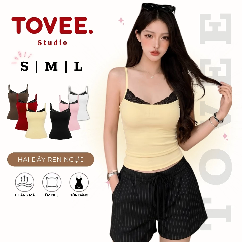 Áo HAI DÂY REN NGỰC Ôm Body DD23, Áo 2 Dây Chất Borip Lụa mềm mát TOVEE
