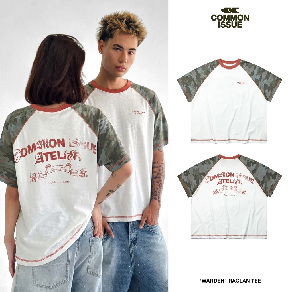 Áo Thun Raglan Form Boxy "WARDEN” Chất Vải Slub Mỏng 220gsm Phối Tay Camo Rằn Ri In Chữ Gothic Unisex | Common Issue