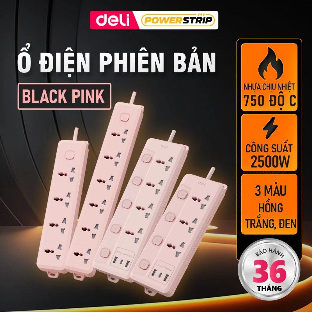 [SVIP] Ổ Điện Đa Năng Deli Màu Đen Hồng Trắng Tích Hợp USB Type C Sạc Nhanh PD20W
