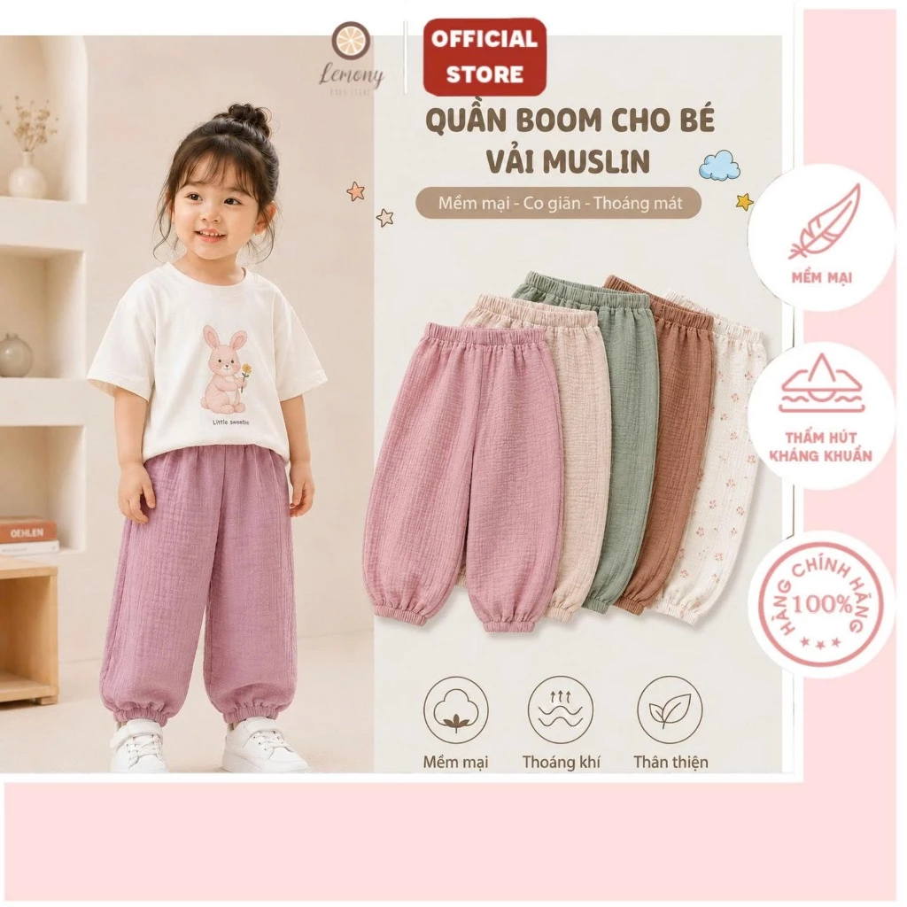 Quần Boom Dài Muslin Cho Bé Chất Liệu Muslin Mềm Mát, Bo Gấu Đáng Yêu, Thoải Mái - Quần Dài Trẻ Em Size 9M-4Y
