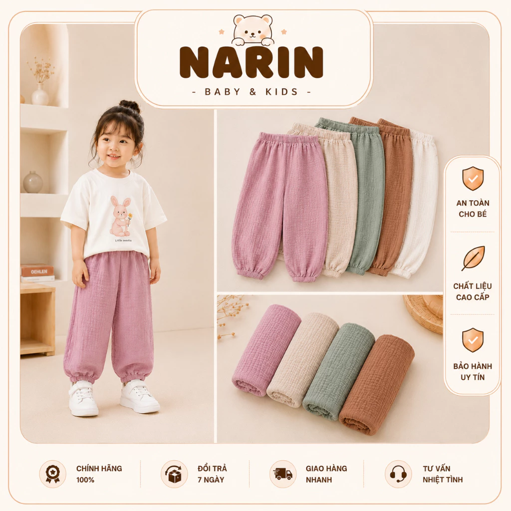 Quần boom Muslin mềm mại, thoáng mát - thiết kế bo gấu, form rộng giúp bé thoải mái hoạt động Size 9M-4Y và 8-17kg.