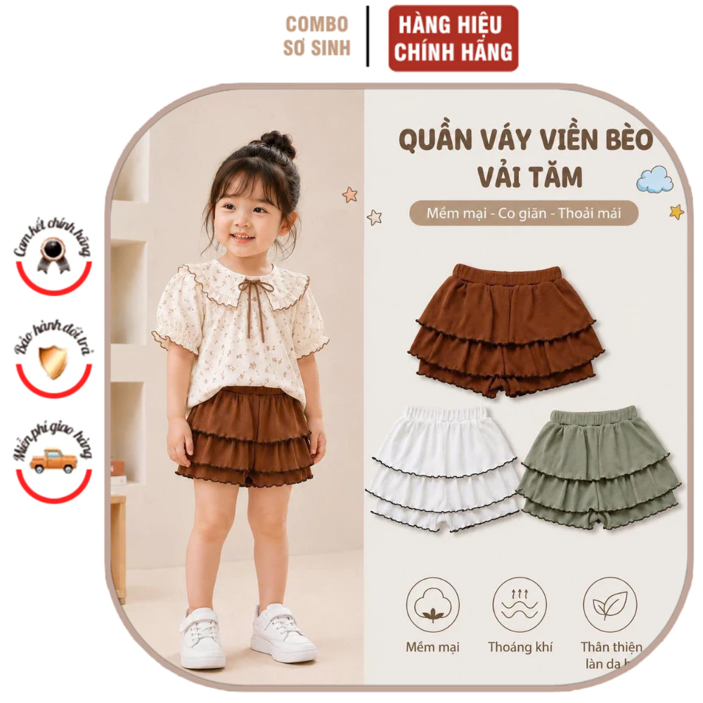 Chân váy 2 tầng viên bèo xinh xắn kèm quần bảo hộ giúp bé thoải mái vui chơi nhưng vẫn kín đáo Size 18M-4Y và 11-17kg