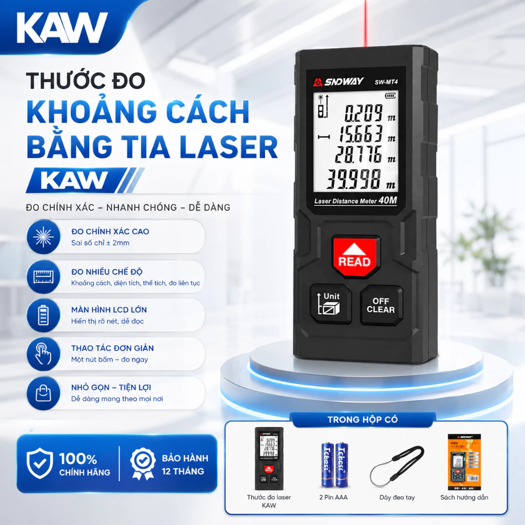 Thước Đo Khoảng Cách Laser KAW SNDWAY 40-100M – Máy Đo Tia Laser, Thiết Kế Nhỏ Gọn, Chính Xác, BH 12 Tháng
