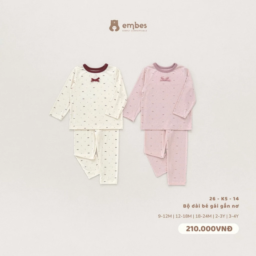 Đồ Bộ Bé Gái Embes, Bộ Dài Tay Thu Đông Họa Tiết Nơ Chất Bamboo Thông Hơi Cho Bé Gái Size Từ 8-18kg