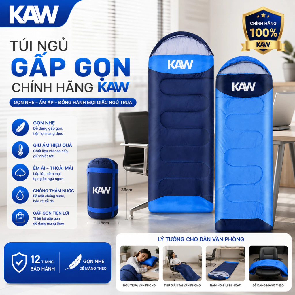 Túi Ngủ Gấp Gọn Cao Cấp KAW 1.3 KG, Dùng Cho Văn Phòng, Du Lịch, Dã Ngoại, Tiện lợi Êm Ái Khi Dùng