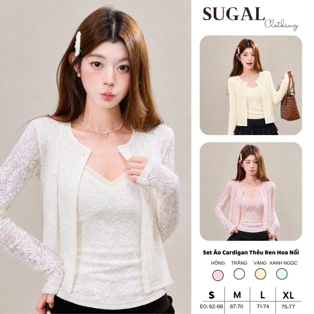 SUGAL - Set Cardigan Ren Hoa Nổi Kèm Áo Hai Dây Cổ V Viền Ren Ngực - Chất Ren Cao Cấp Hàng Loại 1 | TOP NU 318
