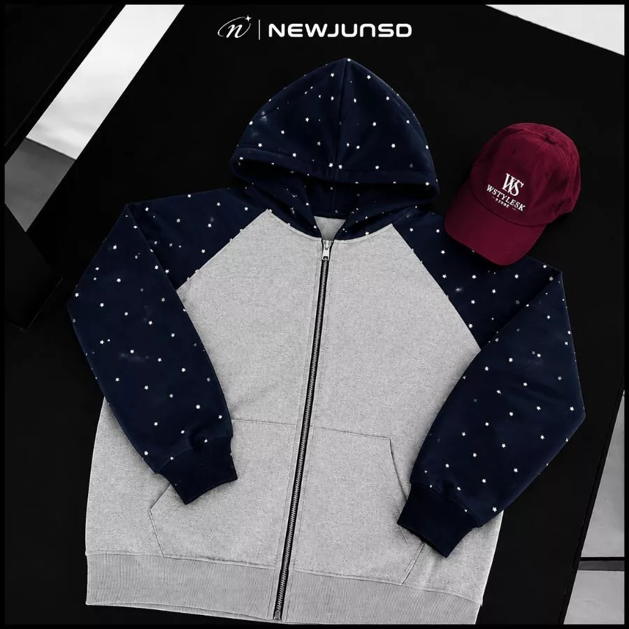 Áo Khoác Hoodie Zip NEWJUNSD Raglan Họa Tiết "NGÔI SAO" Vải Nỉ Chân Cua Cao Cấp 400GSM