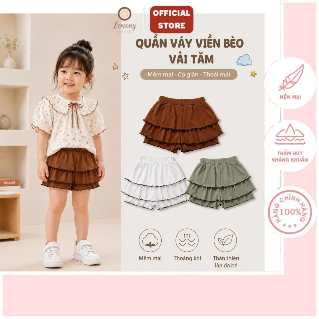 Quần Váy Vải Tăm Cho Bé Gái - Quần Đùi Dạng Váy Viền Bèo Co Giãn Thoáng Mát Dễ Thương 18M-4Y