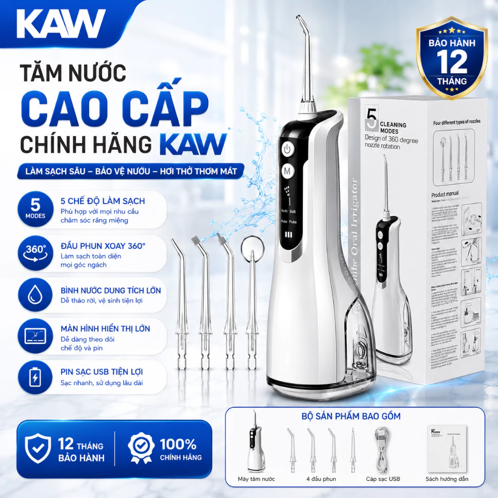 Máy tăm nước KAW cầm tay cao cấp 300ml, bình xịt vệ sinh răng miệng Đầu xoay 360 độ dễ dàng sử dụng