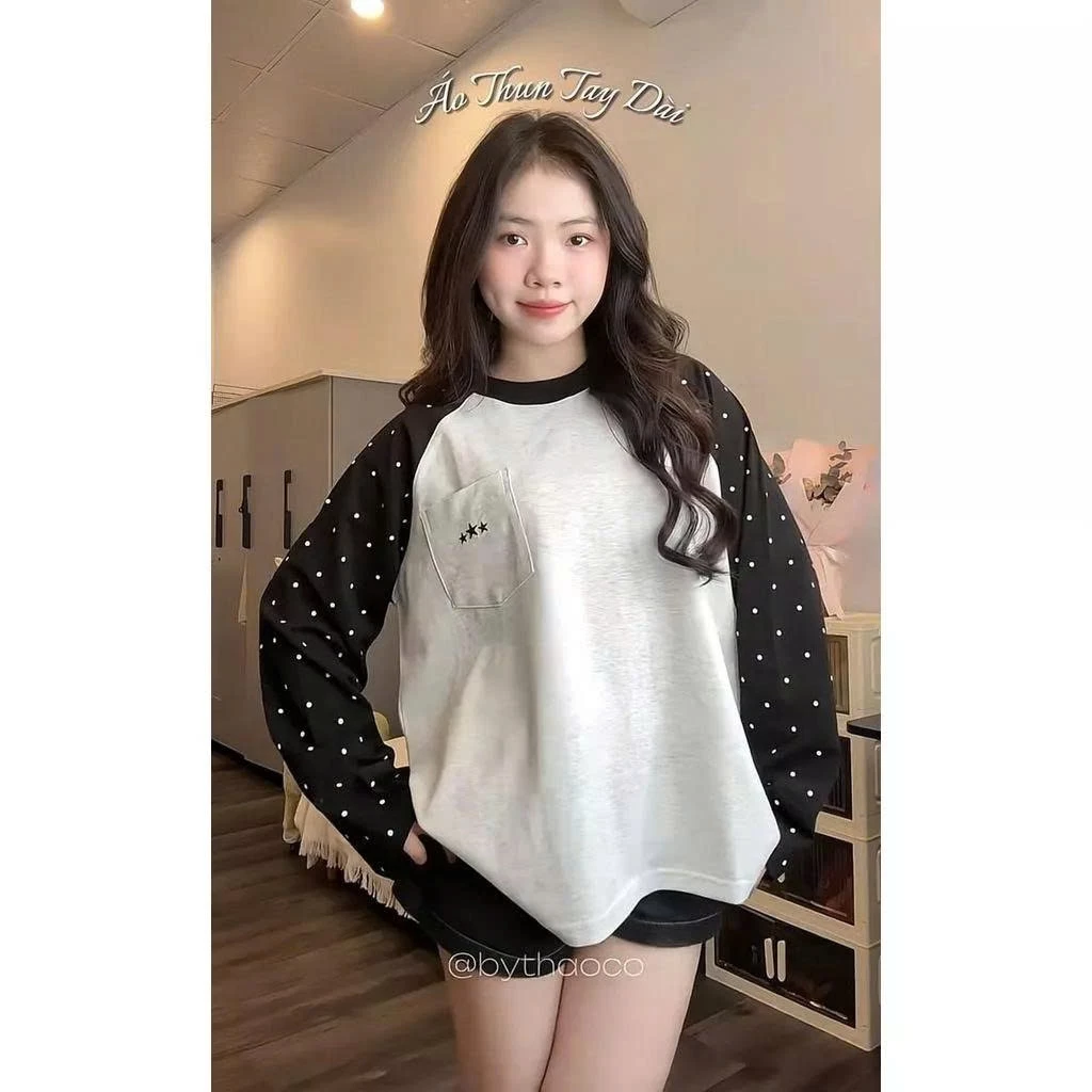 Áo tay dài kết hợp tay phối chấm bi vải cotton dày thoáng mát, không xù khi giặt sấy