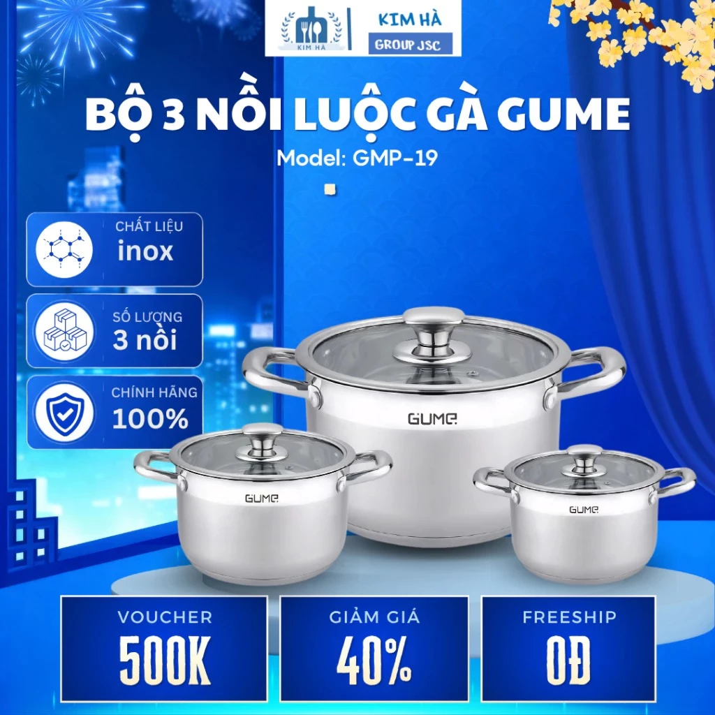 Bộ 3 Nồi Inox GUME Korea GMP19 Đáy 5 Lớp Dày Dặn, Giữ Nhiệt Tốt Tiết Kiệm Năng Lượng - Kim Hà Group