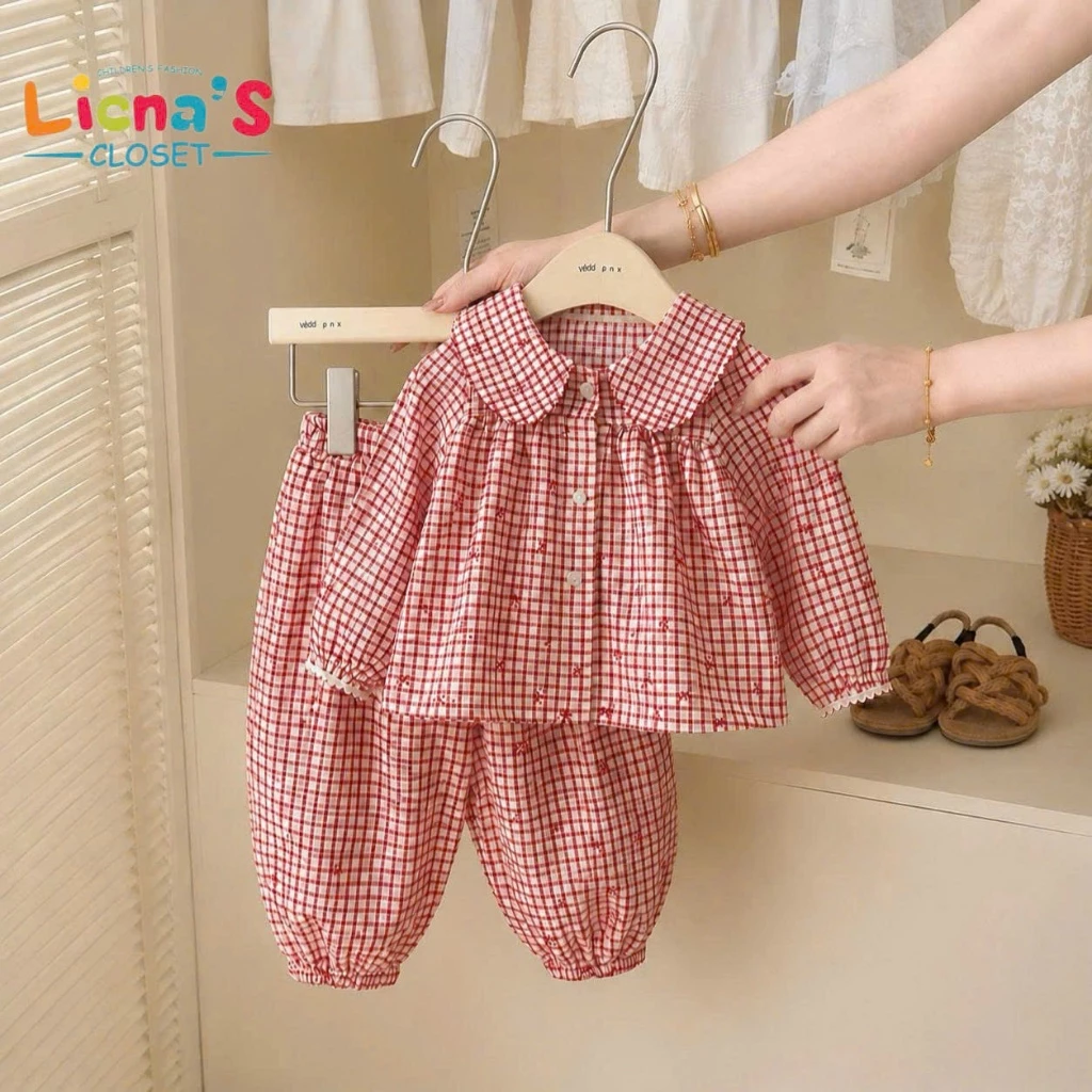 Bộ Dài Tay Bé Gái Vải Đũi Vân Mây Cổ Sen Cao Cấp, Pijama Mặc Nhà Mềm Mát Phong Cách Hàn Quốc