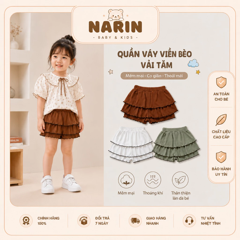 Chân váy giả quần viền bèo 2 tầng vải tăm mềm mại, co giãn, thoáng mát giúp bé thoải mái vui chơi size 18M-4Y và 11-17kg