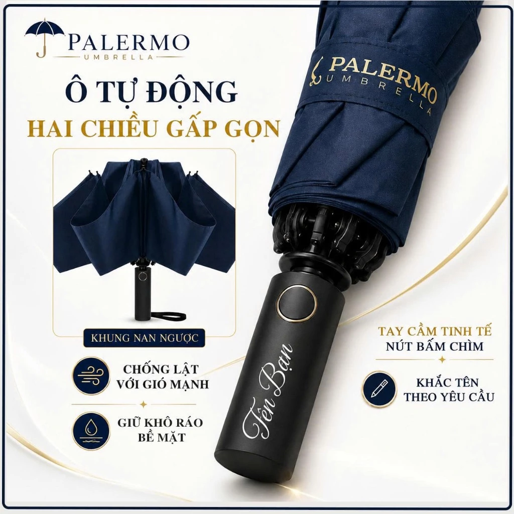 Ô Dù tự động an toàn gấp gọn Palermo, đóng mở 1000 lần, chống 99%UV, chống thấm nước, che mưa nắng