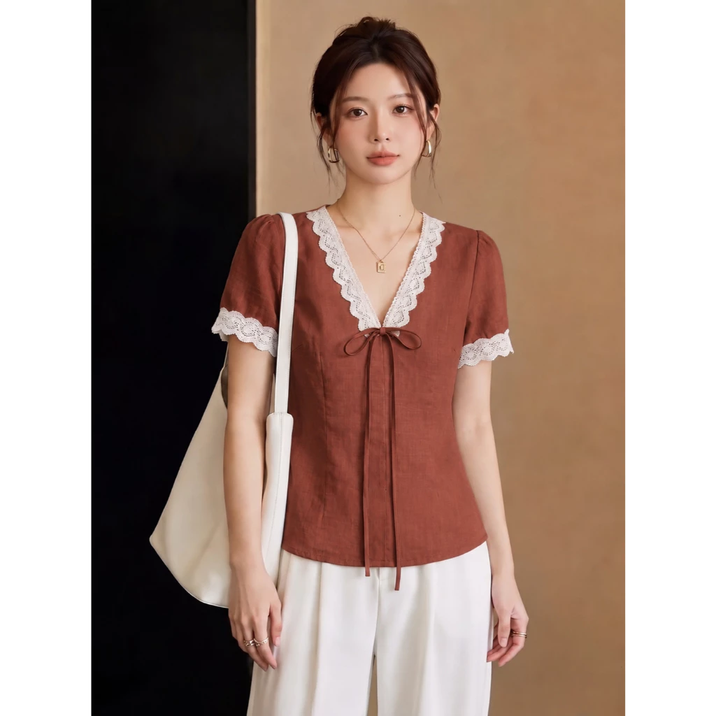 ÁO ĐŨI NỮ CỔ V PHỐI REN BUỘC NƠ – PHONG CÁCH HÀN QUỐC THANH LỊCH Y47