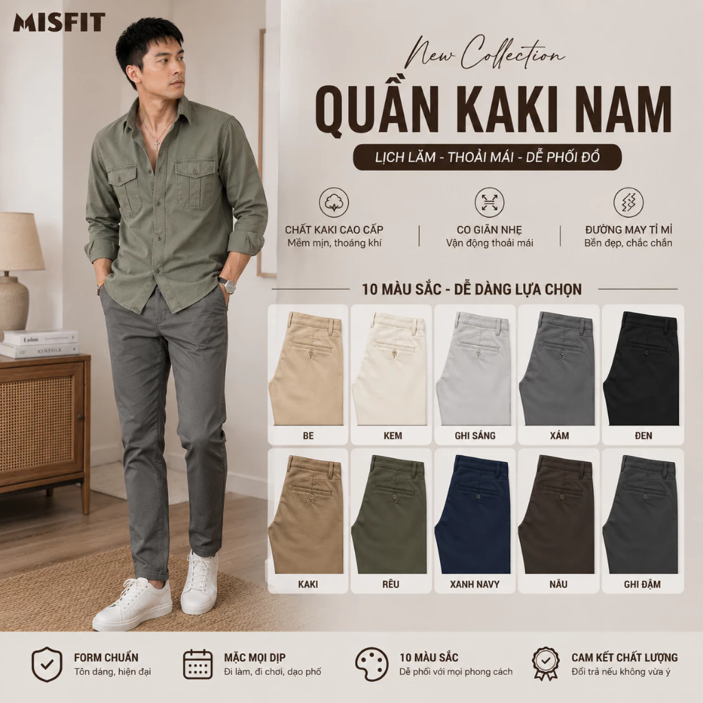 Quần Kaki Nam Cao Cấp MISFIT Co Giãn 4 Chiều - Quần Tây Kaki Nam Ống Đứng Form Slim Fit Mặc Đi Làm Đi Chơi