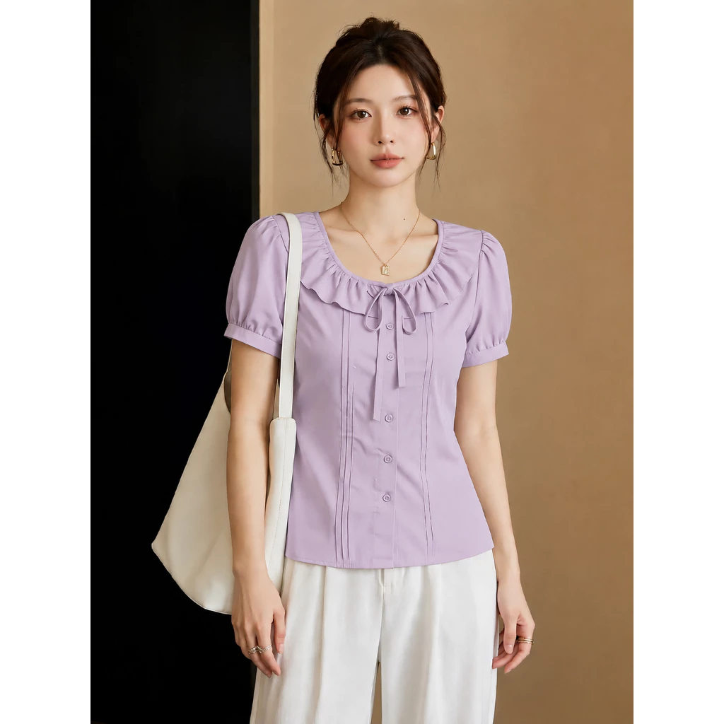 🌸 ÁO NỮ CỔ BÈO NHÚN BUỘC NƠ – ÁO TAY PHỒNG HÀN QUỐC THANH LỊCH Y50
