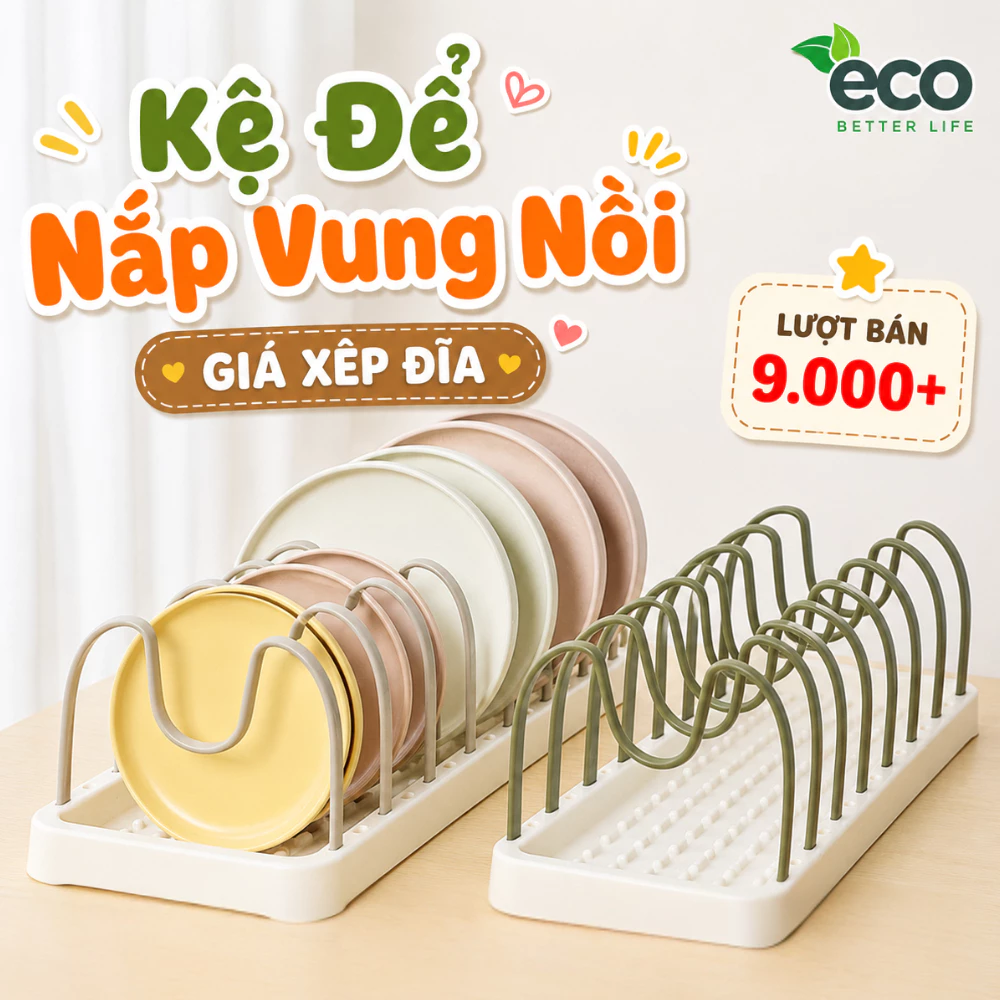 (LOẠI 1) Kệ Để Nắp Vung Nồi Đa Năng ECO, Giá Úp Đĩa Chảo Để Đồ Nhà Bếp Điều Chỉnh Khoảng Cách Tùy Ý Nhựa Việt Nhật 5252