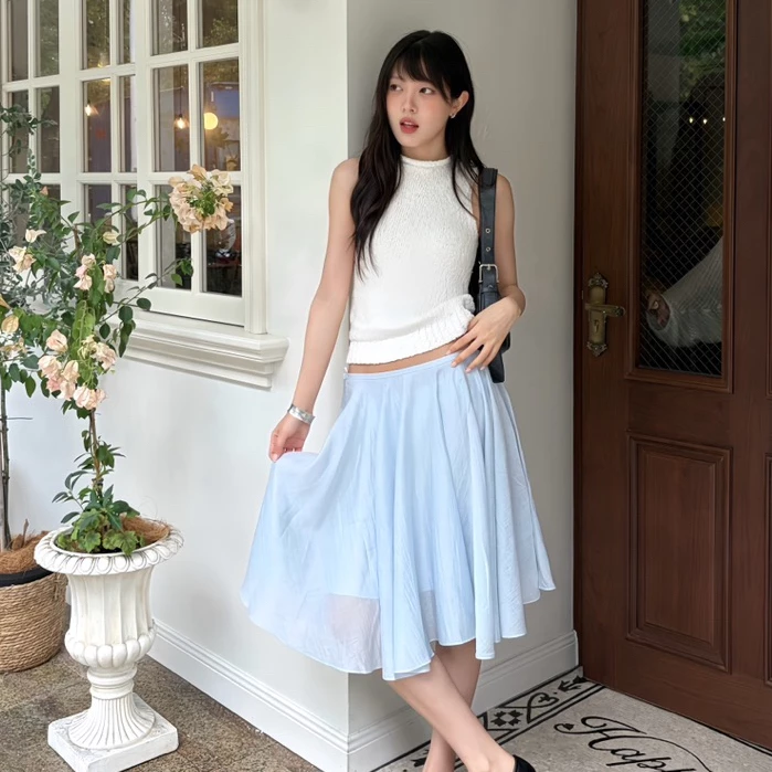 Chân Váy Midi Xòe Voan Nữ Cạp Thấp Màu Xanh Baby Phong Cách Balletcore Tôn Dáng Dễ Phối Đồ Mặc Tiểu Thư Sang Chảnh