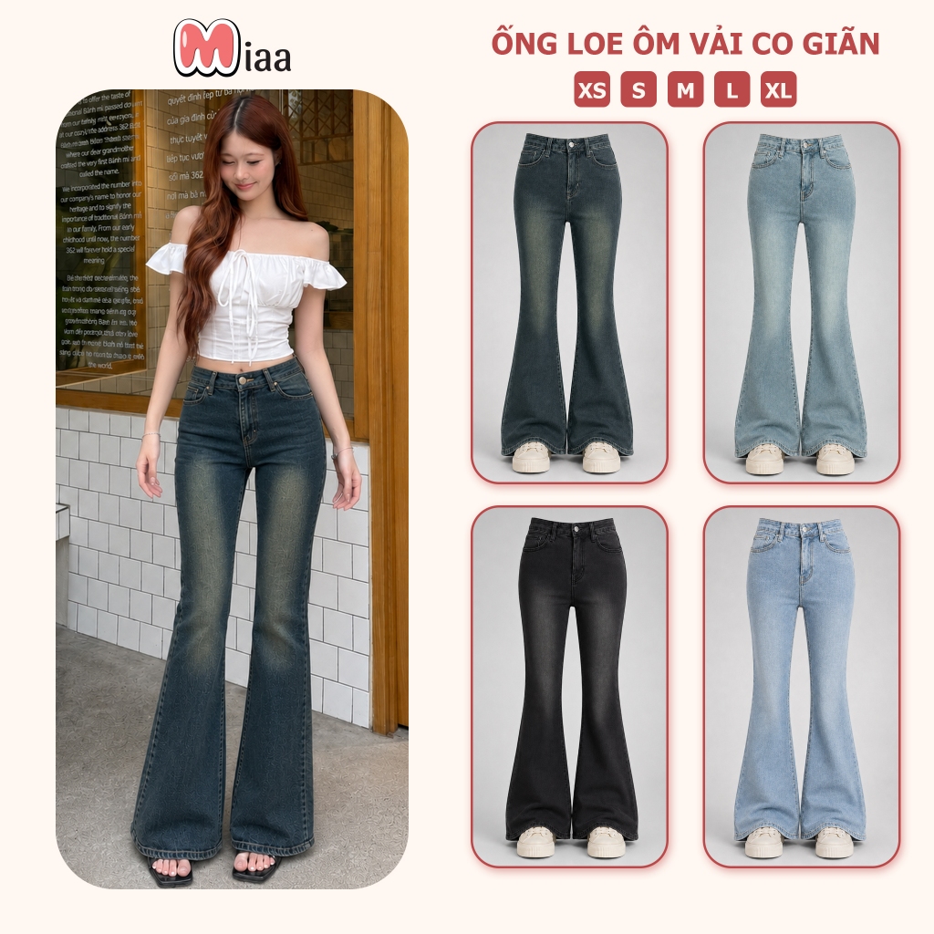 Quần Jeans Nữ Ống Loe MIAA Lưng Cao Màu RETRO Chất Dày Dặn Co Giãn , Quần Bò…