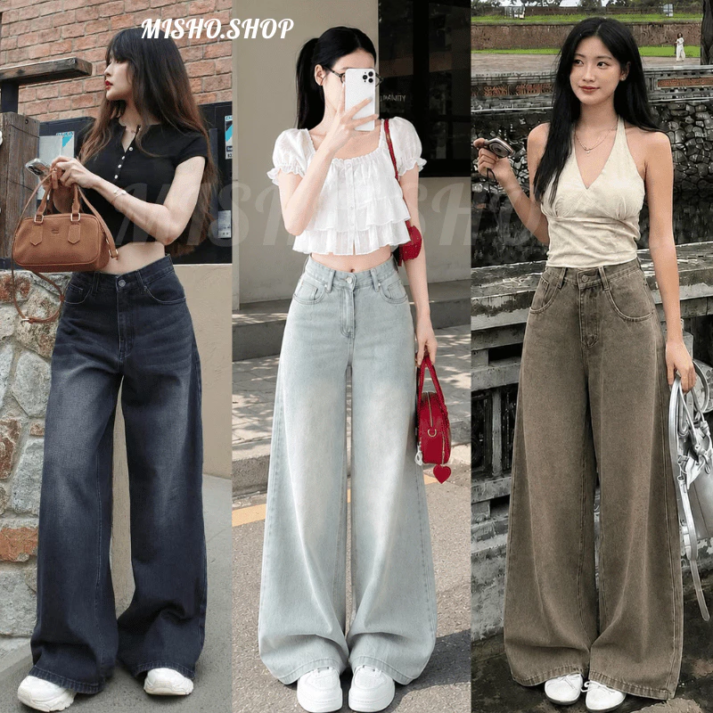 Quần Jean Nữ Ống Suông Rộng Nâu OLI Wash Smoke Vintage Lưng Cao Hack Dáng Style Hàn Quốc, form suông dài che khuyết điểm