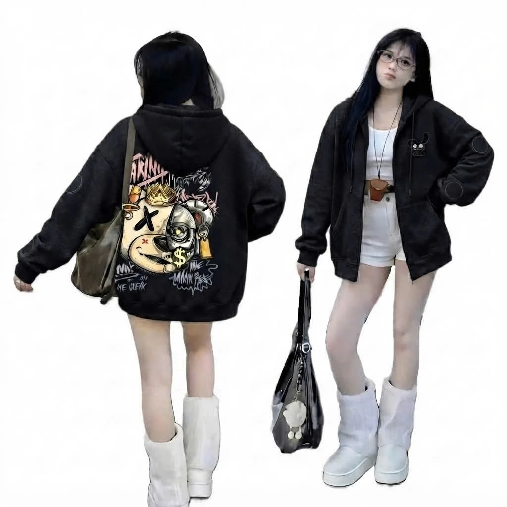 Áo Khoác  Nữ Hoodie Zip Gấu Đồng Đô La dày dặn 2 lớp  nam nữ chất nỉ  mũ to rộng IN Chữ HISTORY