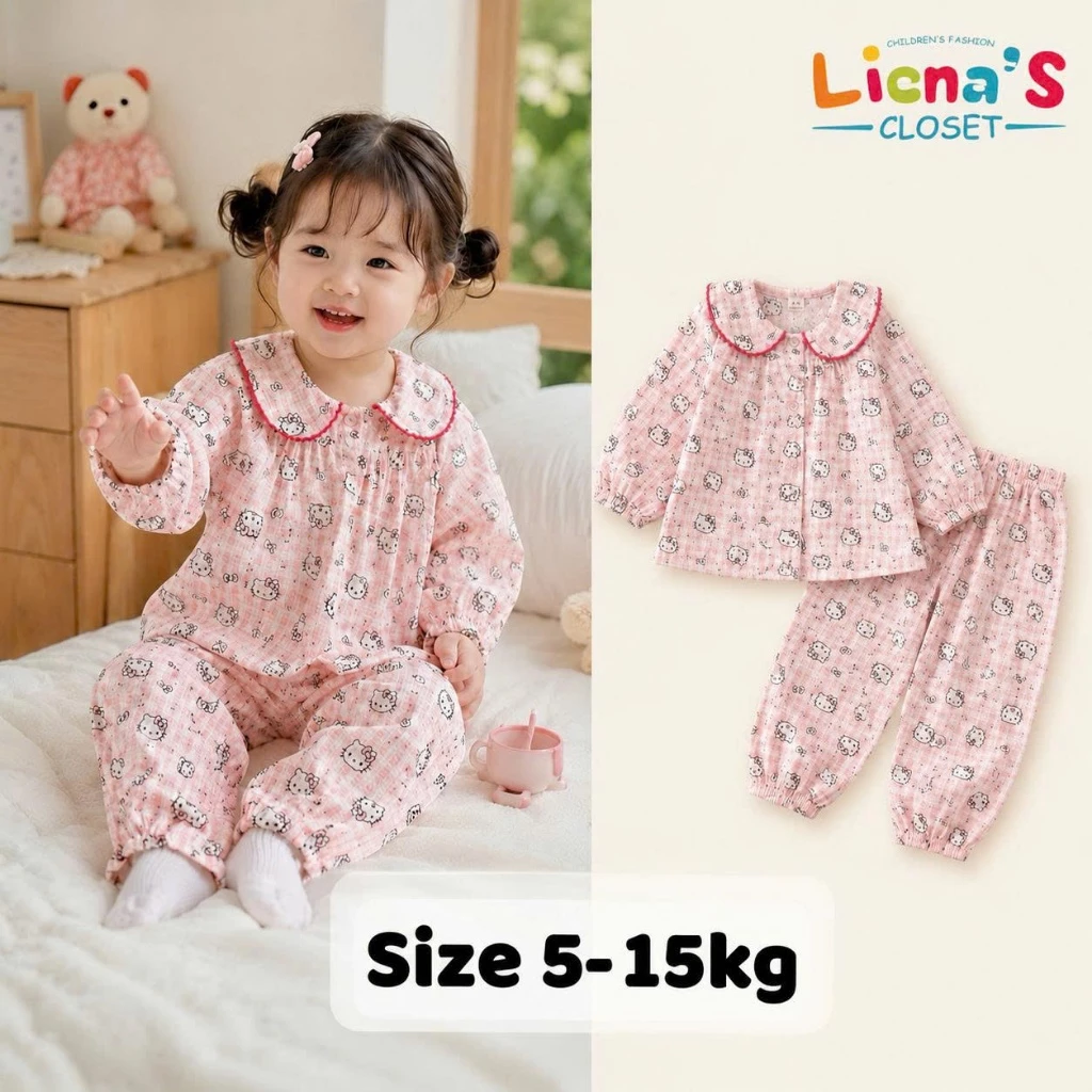 Bộ Dài Tay Bé Gái Vải Đũi Hello Kitty Cổ Sen Cao Cấp, Pijama Mặc Nhà Mềm Mát Phong Cách Hàn Quốc