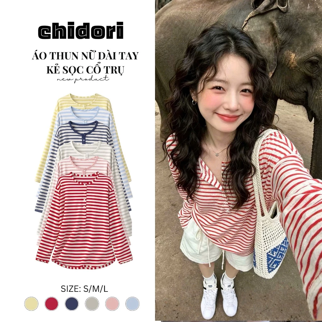 (Chất Cottong Giấy) Áo Thun Nữ Dài Tay Cổ Trụ Chất Liệu Cottong Giấy Kẻ Sọc From Rộng Co Giãn Thoáng Mát Phong Cách Hàn