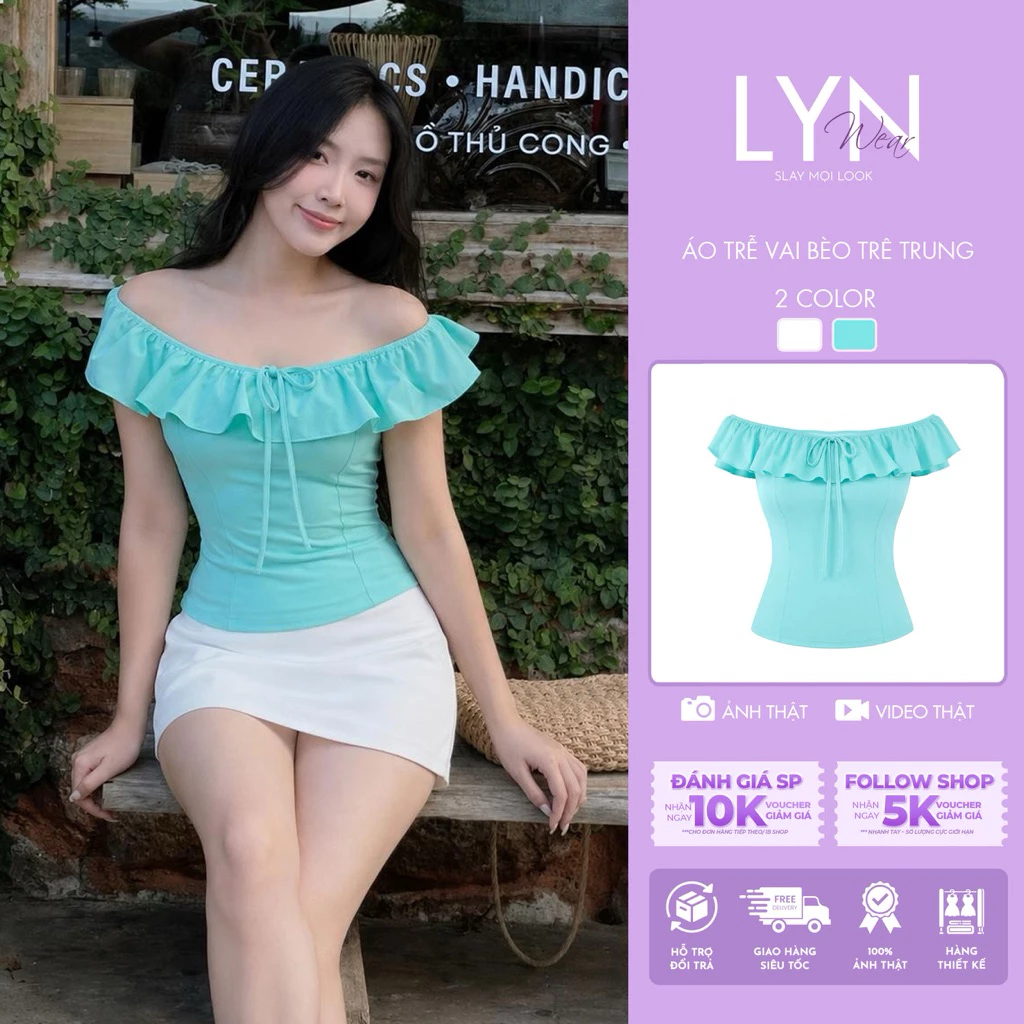 | LYN WEAR | (HOẢ TỐC) Áo Trễ Vai Bèo Nữ Xanh Tiffany Tay Bèo Thun Co Giãn Ôm Dáng Đi Biển