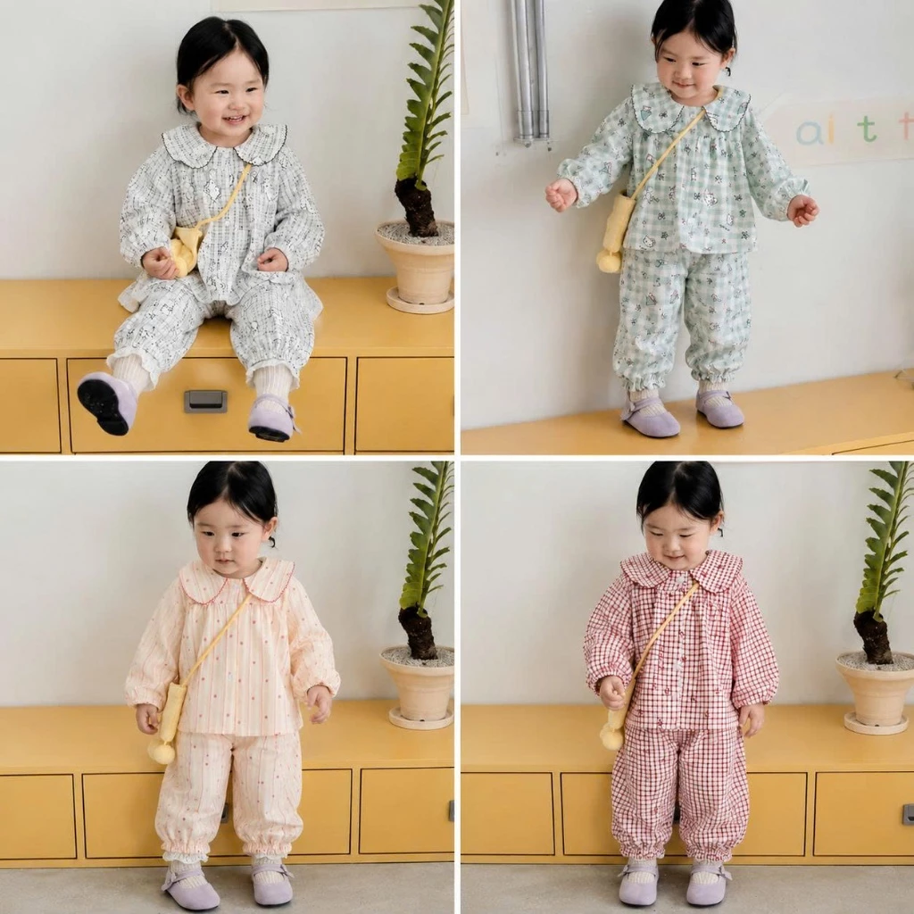 Bộ Dài Tay Bé Gái Pijama Vải Đũi Cổ Sen, Đồ Bộ Mặc Nhà Cho Bé Mềm Mát, Quần Áo Trẻ Em Hàn Quốc