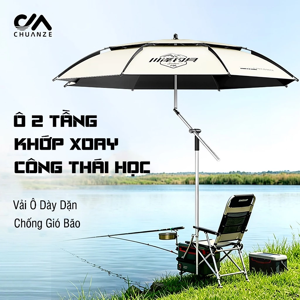 Ô Câu Đài Công Thái Học 2 Tầng Chuanze Cao Cấp Ô Câu Cá Vải Dầy Chống Gió Lớn Kèm Chân Cắm Đất