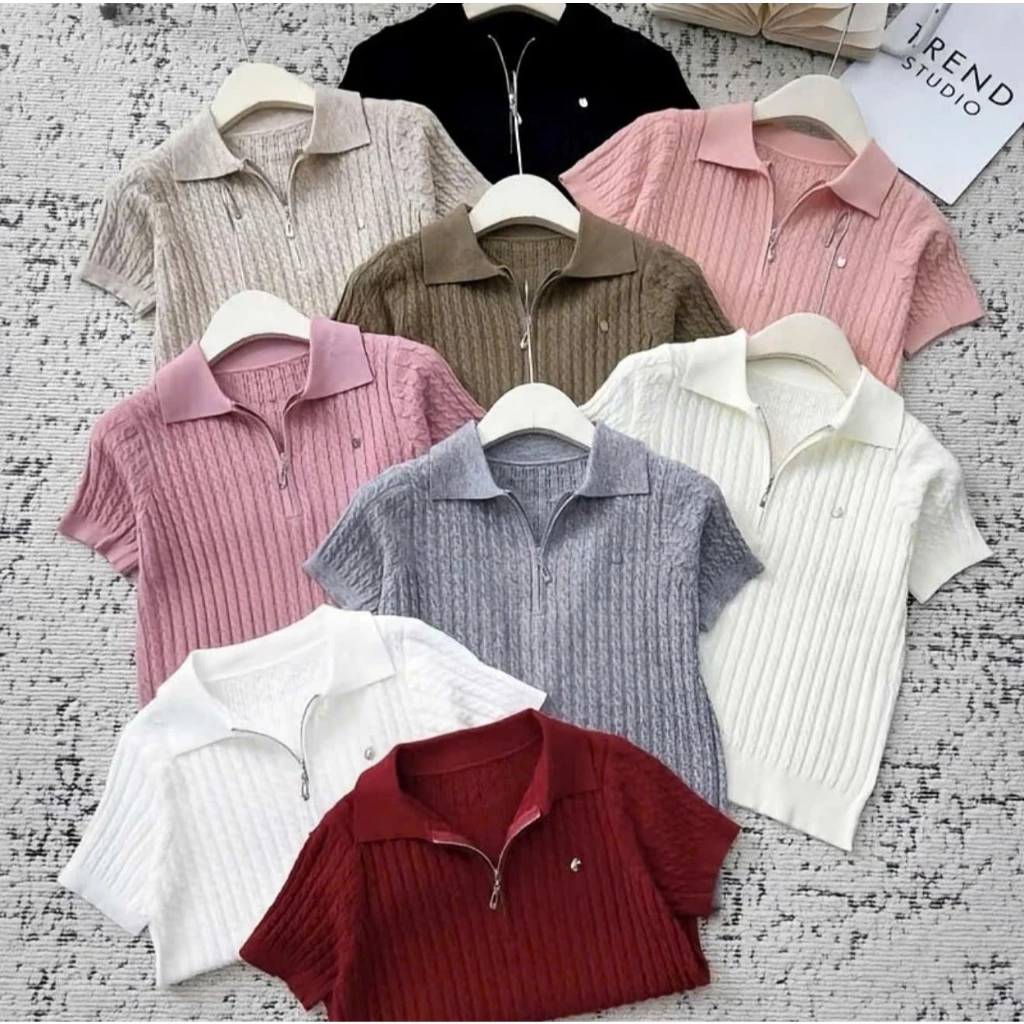 Áo len Polo nữ cộc tay dệt kim gân khóa kéo co giãn phong cách Hàn Quốc - AL1958