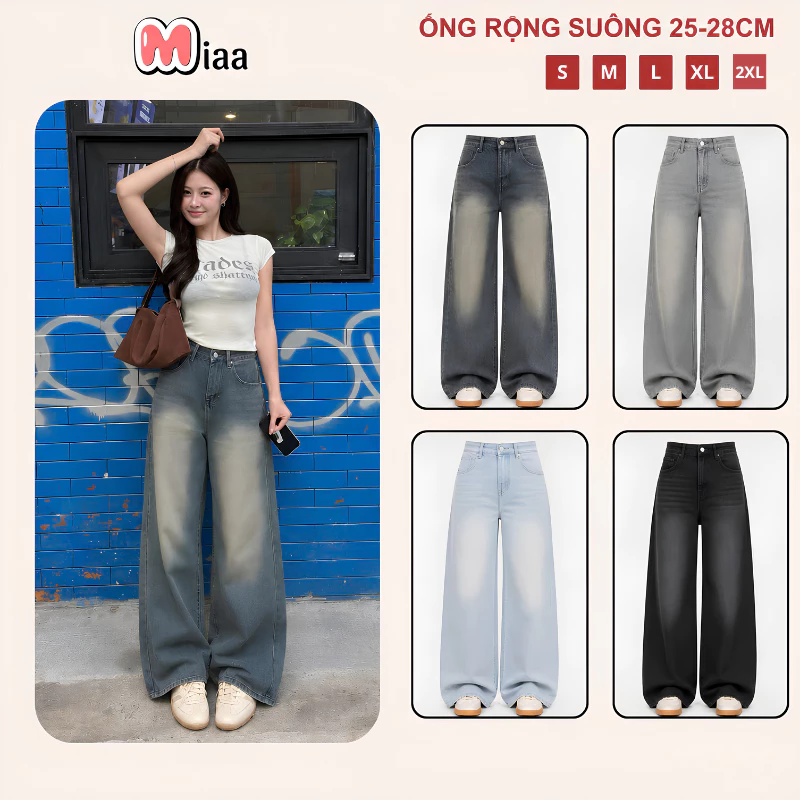 Quần Jean Nữ Ống Suông Rộng Cạp Cao MIAA Cực xinh MÀU WASH Ống Suông Rộng Phong Cách Retro Ulzzang_VER1