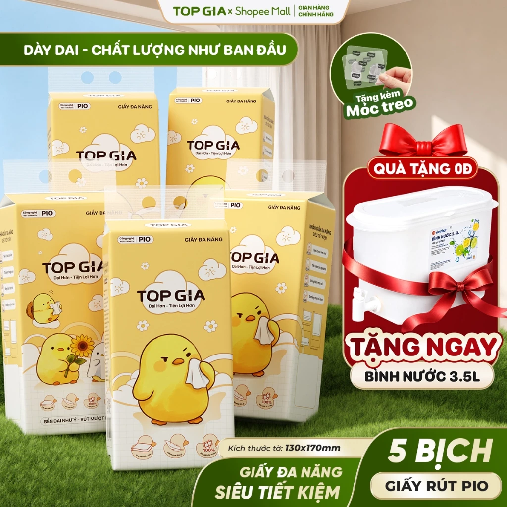 [TẶNG BÌNH NƯỚC 3.5L] Thùng 5 Bịch Khăn Giấy Pio TopGia Đa Năng 200 Lần Rút Cao Cấp Siêu Dai Mềm Mịn