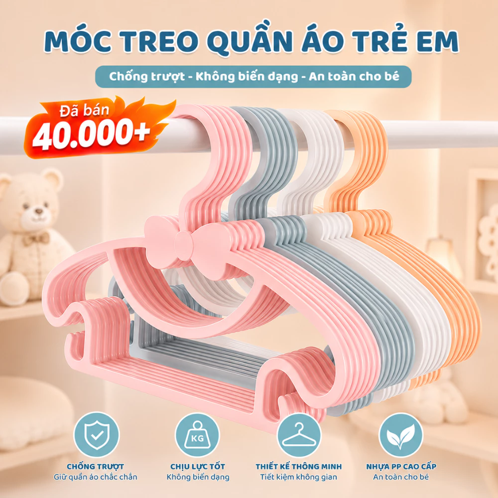 Combo 40 móc quần áo trẻ em thiết kế hình nơ dễ thương , Móc phơi đồ trẻ sơ sinh chất liệu nhựa PP an toàn cho bé