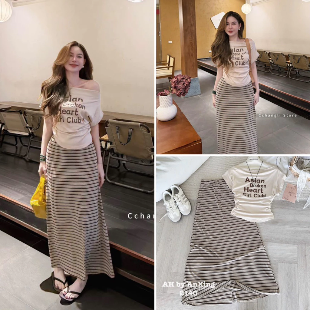 [HÀNG SẴN] Set áo cotton be trễ vai mix chân váy chữ A thun kẻ nâu nhẹ nhàng nữ tính 2140