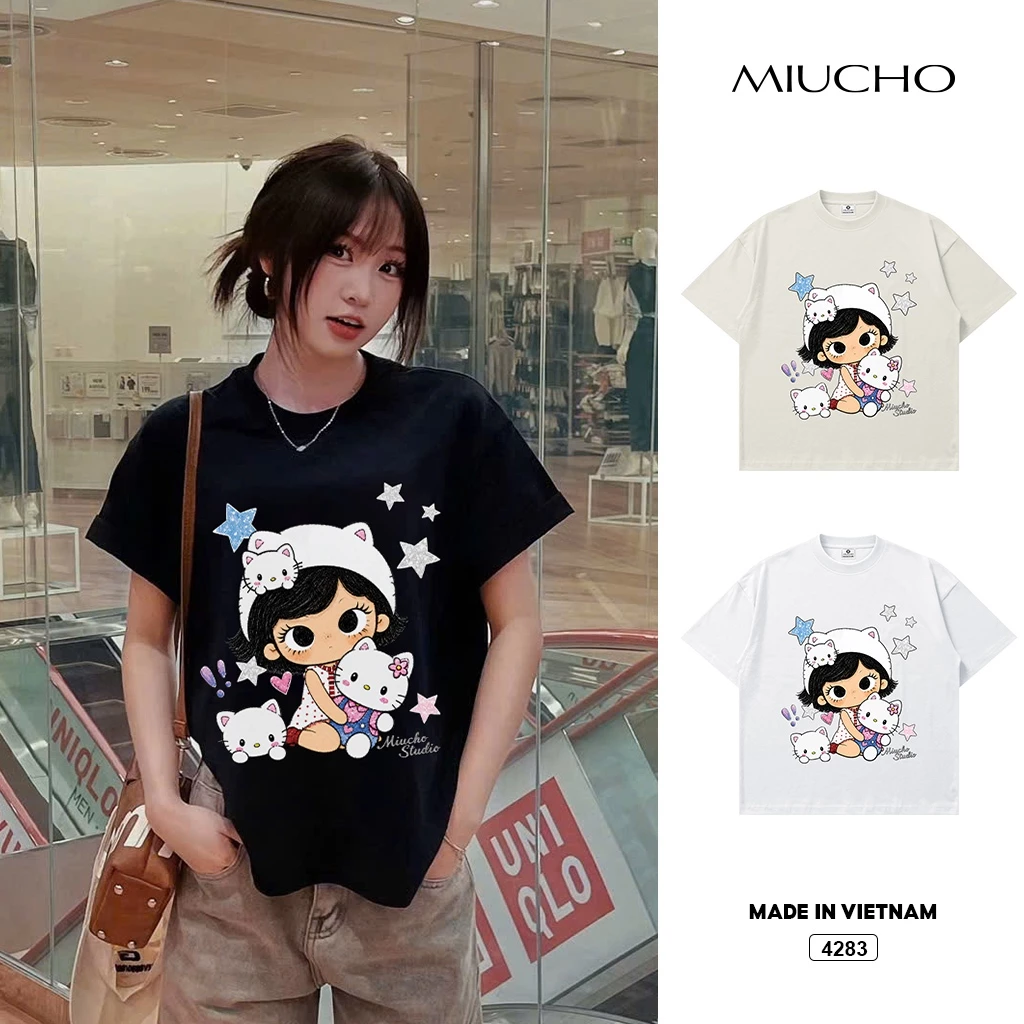 Áo thun form boxy hoạt hình cổ tròn in mix Miucho 4283