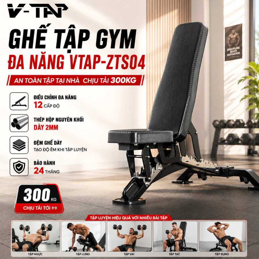 Ghế Tập Gym Đa Năng V-ZTS04, Ghế Tập Tạ Chịu Lực 300kg, Thép Hộp Nguyên Khối 2mm (Bảo Hành 24 Tháng)