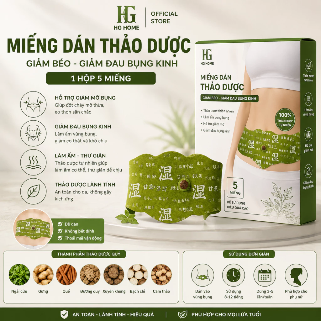 Miếng dán thảo dược giảm béo , giảm đau bụng kinh [ 1 HỘP 5 MIẾNG ] HGHOME