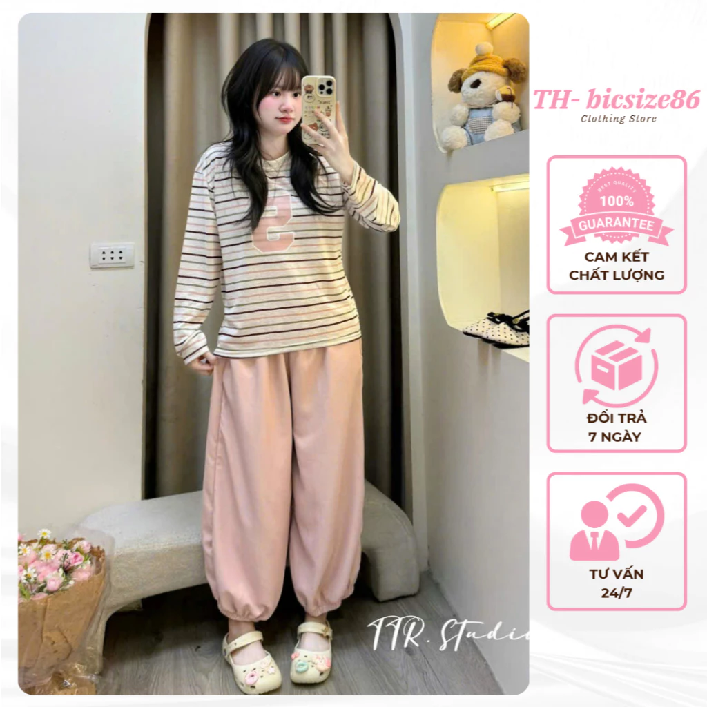 Set bộ áo thun kẻ so 5 phối quần dài bí mềm mát nhẹ nhàng mặc ngủ ở nhà đi chơi