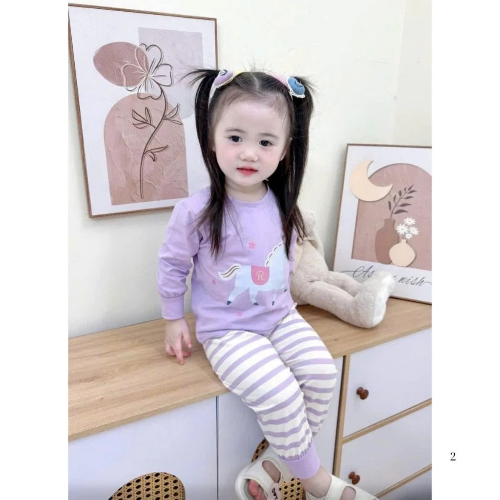 [8-18kg] Bộ đồ thu đông dài tay  bé gái dễ thương, chất cotton co giãn, CON NGỰA TÍM DÀI.