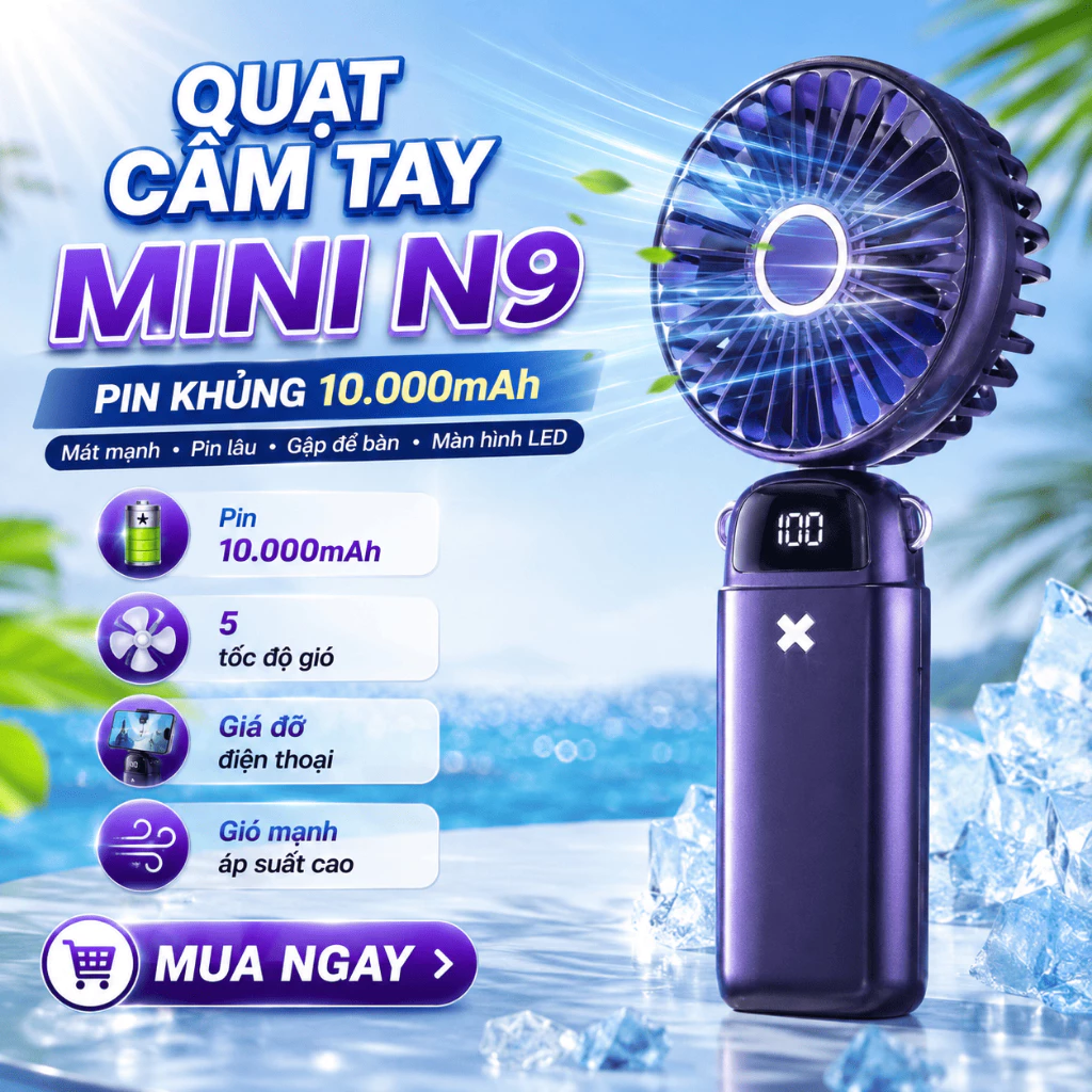Quạt cầm tay tích điện mini siêu mát để bàn kiêm giá đỡ điện thoại, 5 cấp độ gió, pin trâu, màn hình LED hiển thị % pin
