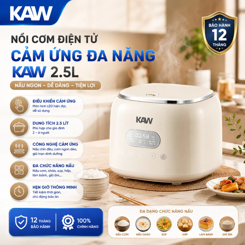Nồi Cơm Điện Tử Cảm Ứng KAW 1.2L 400W - Ruột Inox 5 Lớp Chống Dính, Tách Đường, Nấu Cơm Nhanh, Đa Năng, BH 12 Tháng