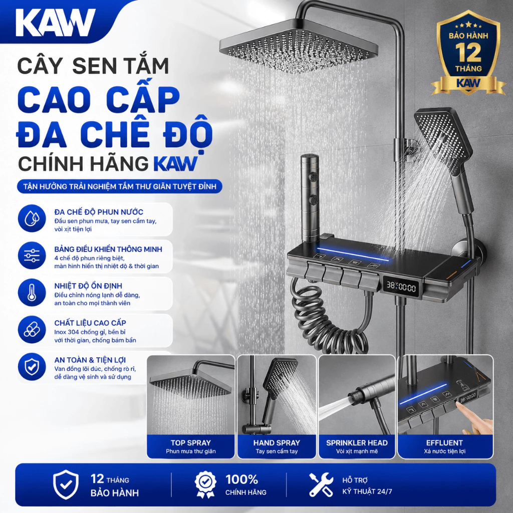Bộ Sen Cây Tắm Đứng Thương Hiệu KAW, Màn Hình LED Hiển Thị Nhiệt Độ, 4 Chế Độ, Chất Liệu Hợp Kim Inox