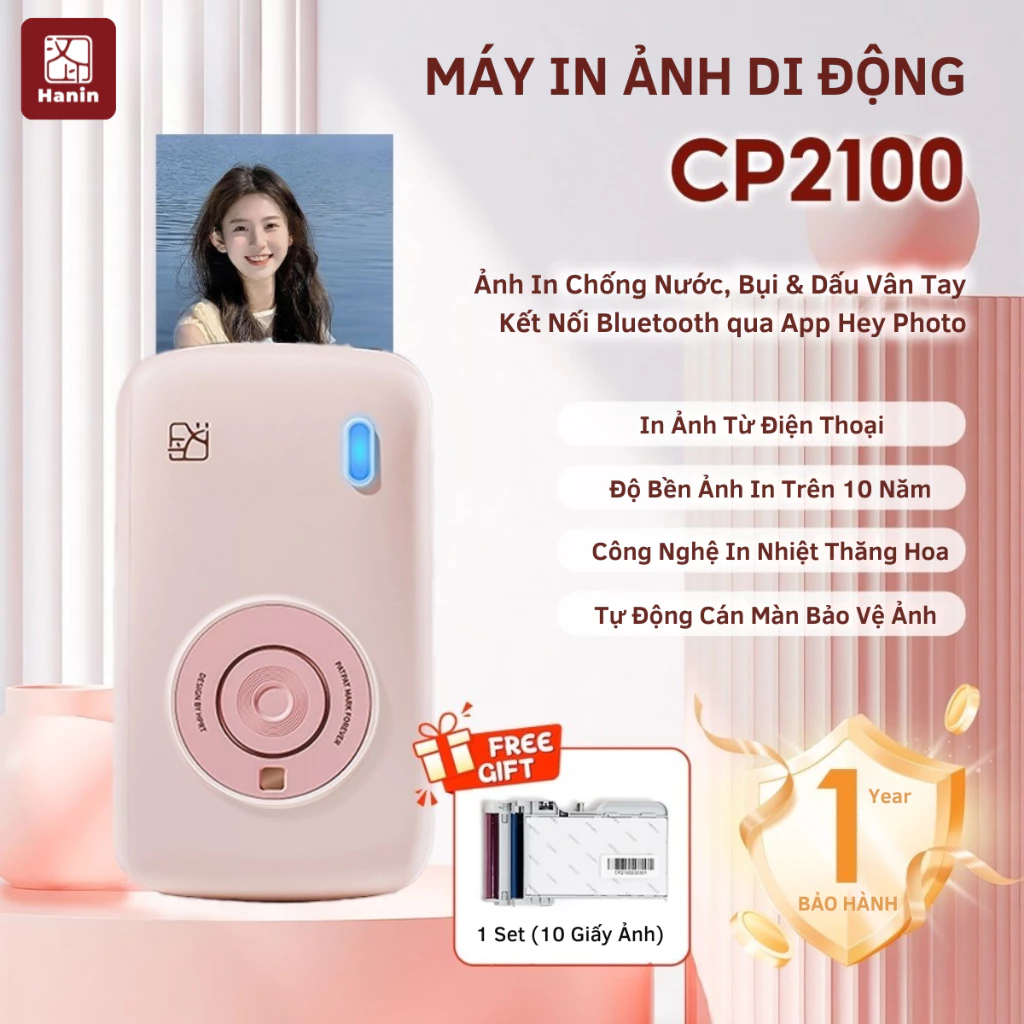 [TẶNG 10 GIẤY IN] Máy In Ảnh Lấy Liền CP2100 Bluetooth In Ảnh Từ Điện Thoại, 300 DPI, Có Màn Bảo Vệ Ảnh | Hanin