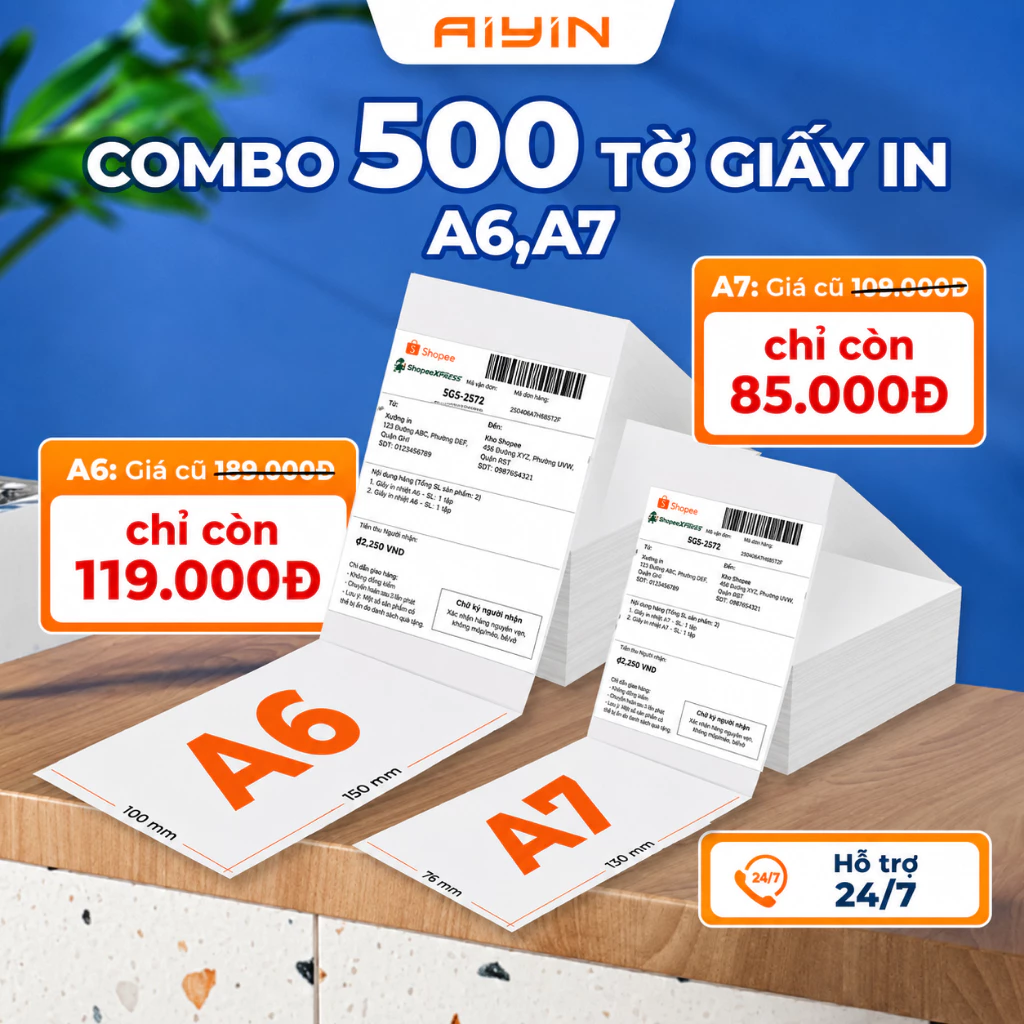 Giấy In Nhiệt Có Sẵn Keo Khổ A6, A7 Dạng Tệp 500 tờ, In Đơn Hàng TMĐT, Tem Nhã Vận Chuyển, Logo