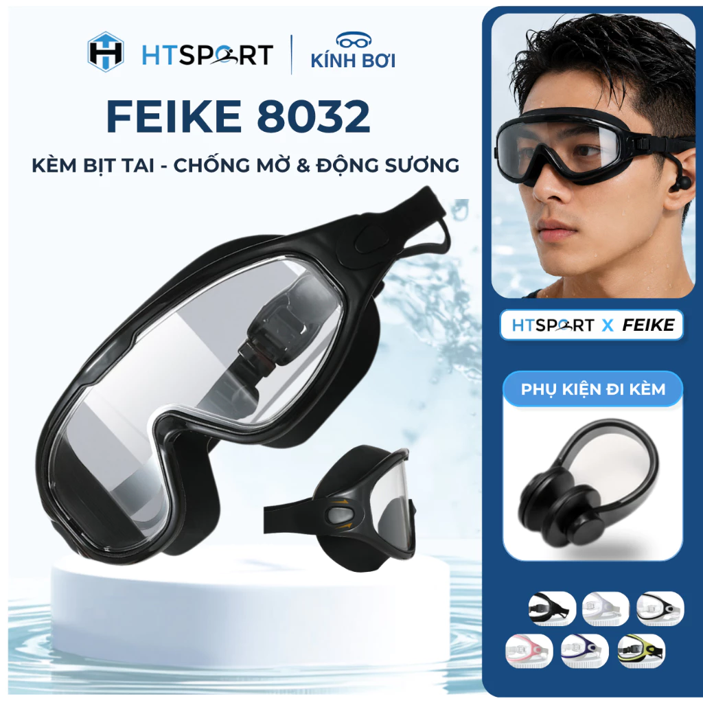 Kính Bơi Thể Thao, Kính Lặn Nam Nữ Khung Lớn Có Mút Tai Chống Nước, Chống Sương Mù FEIKE 8032
