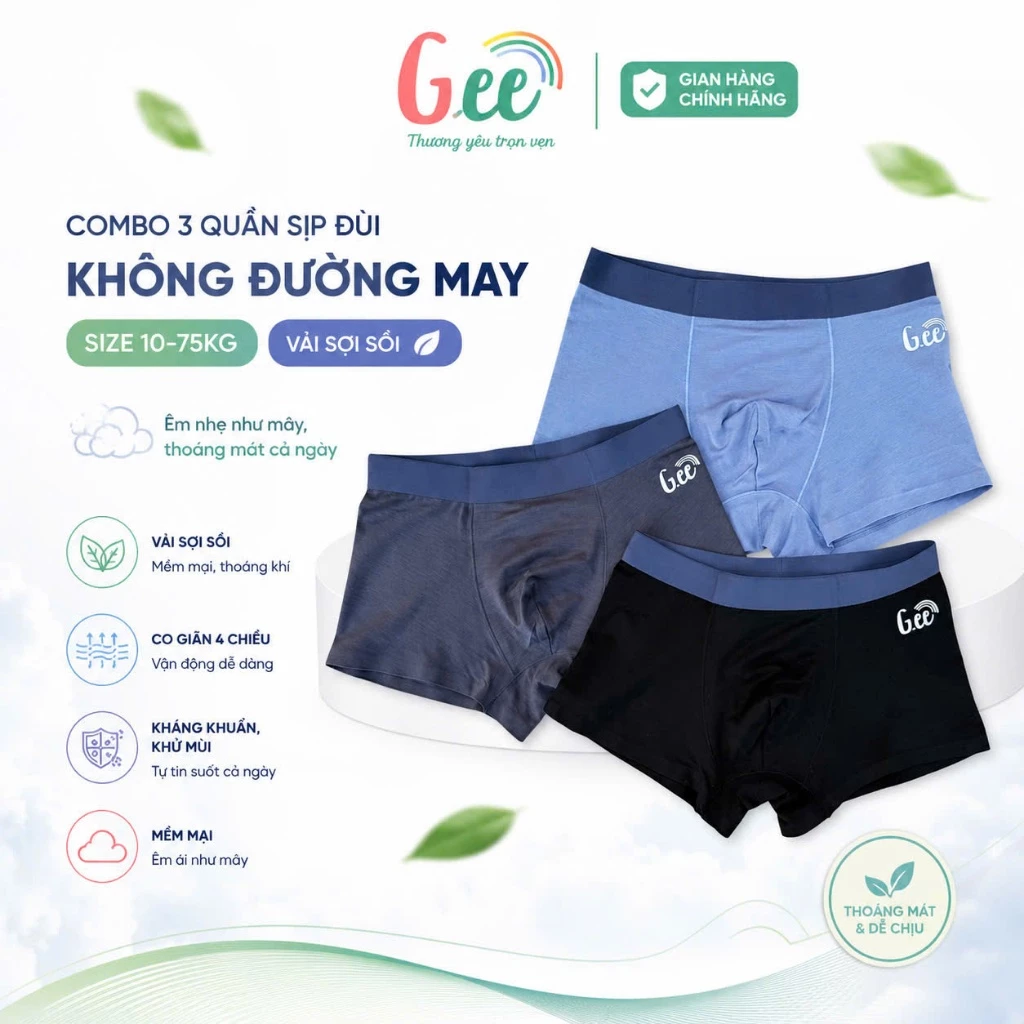 Set 3 sịp đùi Gee cho bé trai 10-75kg, quần lót đùi không đường may, vải sợi sồi mềm mát, co giãn
