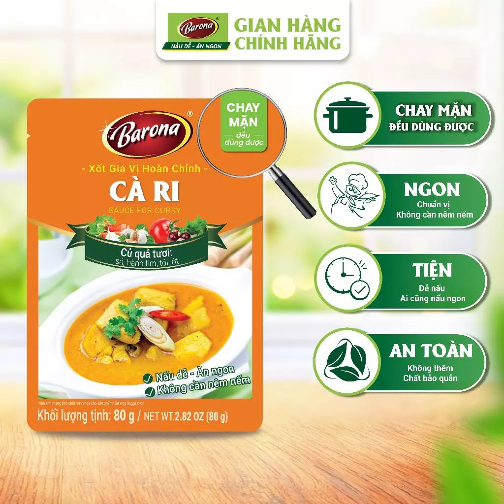 Xốt gia vị hoàn chỉnh Barona - Cà ri Barona 80g/gói, ướp chuẩn vị , chay mặn dùng được